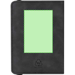 A black Jemax Passport Holder with a green stitched border and a transparent ID window. It has a brand logo.
