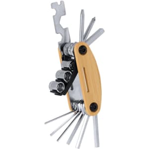 A multitool featuring silver metal components and a bamboo handle, with various attachments including sockets and wrenches.