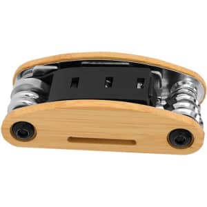 A multitool with a bamboo exterior and metallic tools, featuring a compact design and a logo.