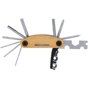 A multitool featuring a bamboo handle, multiple metal tools, and a keyring attachment in black and silver.