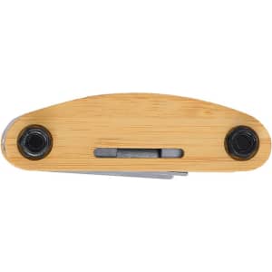 A bamboo multitool with a sleek design featuring a silver blade and black accents. It has a logo on one side.