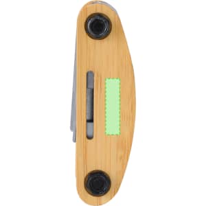 A bamboo multitool featuring various tools, with a minimalist design and a black logo on one side.