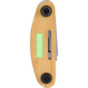 A bamboo multitool featuring multiple tools and a metallic finish, with a logo on one side.