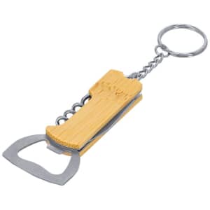 A drink bottle opener keyring, featuring a bamboo handle and a silver metal opener with a keyring attachment.