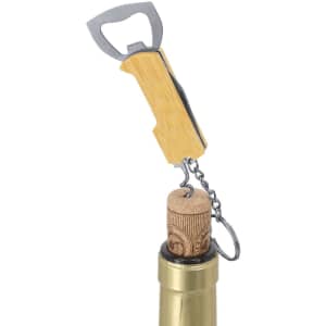 A drink bottle opener keyring featuring a bamboo handle and metal opener, attached to a cork with a chain.
