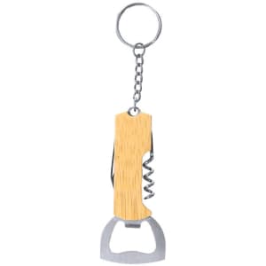 A drink bottle opener keyring featuring a stainless steel base and a wooden handle, attached to a metal chain.