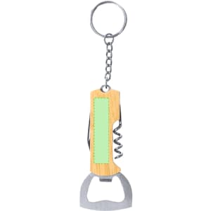 A drink bottle opener keyring with a wooden handle, featuring a corkscrew and a metal bottle opener, attached to a chain.
