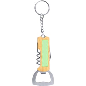 A drink bottle opener keyring featuring a wooden handle, metal opener, corkscrew, and a chain for attachment.