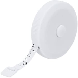 A white tape measure with a retractable tape, featuring measurement markings and a small loop at the end.
