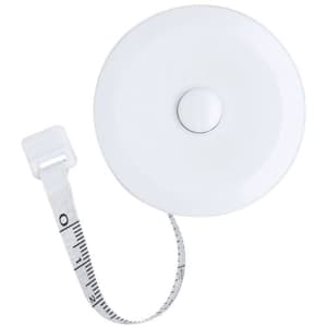 A white tape measure with a circular case and a retractable measuring tape marked in black.