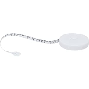 A white tape measure coiled in a circular casing, with a retractable measuring tape marked in black.