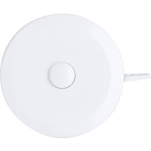 A white tape measure with a circular design and a central button, featuring a keyring attachment.