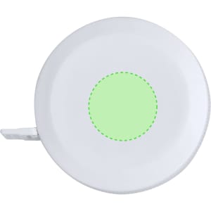 A white tape measure with a circular body and a centre featuring a light green area. It has a branding logo.