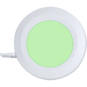 A tape measure in white with a green circular centre, featuring a clip for easy attachment.