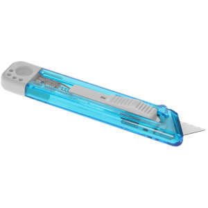 A blue utility cutter with a retractable blade and a white grip, featuring a logo on the casing.