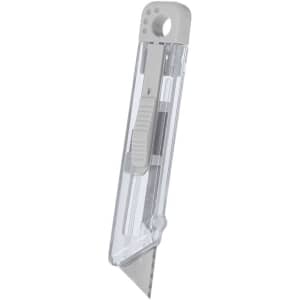 A transparent cutter with a grey handle and a retractable blade, featuring a small loop for attachment.