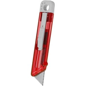 A red utility cutter with a white grip and a retractable blade. The design includes a hole for easy attachment.