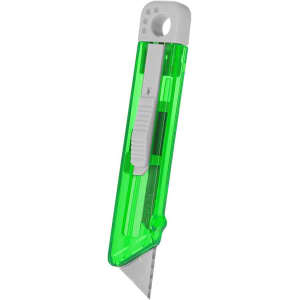 A green and white utility cutter with a retractable blade and a safety feature. It has a logo on the handle.