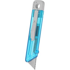 A blue utility cutter with a grey handle, featuring a retractable blade and a hole for attachment, has branding.