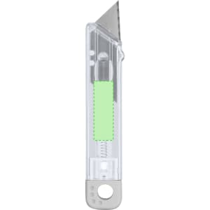 A transparent utility cutter with a grey handle and a replacement blade compartment, featuring a logo.