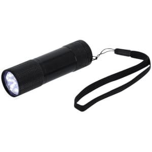A black flashlight with a textured grip and a wrist strap, featuring a bright LED light at the front.