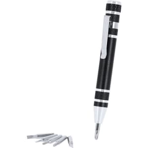A black multifunction pen with a silver clip and several interchangeable screwdriver heads.