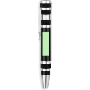 A black and silver multi-functional pen with a green accent and a clip, featuring a branding logo.