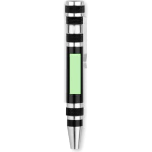 A black and silver pen featuring a green section and a clip for easy attachment.