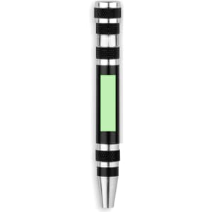 A black and silver multi-tool pen with a green section, featuring a logo. Ideal for various tasks and activities.