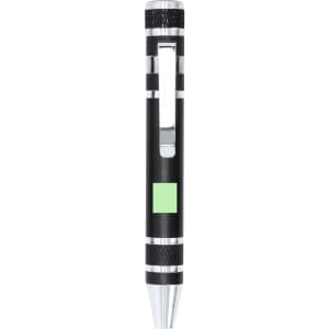 A black and silver pen with a textured grip and a clip. It features a small green panel.