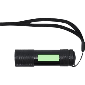 A black flashlight with a textured grip and a black lanyard attached. It has a small area for branding.