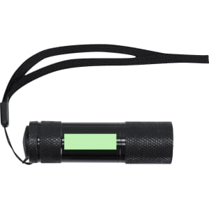 A black flashlight with a textured surface and a wrist strap, featuring a green accent section.