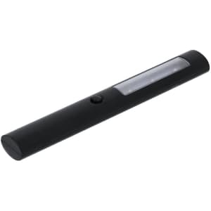 A black LED torch with a sleek design and a clear lens, featuring a single button for operation.