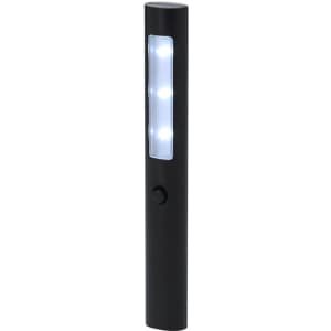 A black torch featuring multiple LED lights and a power button, designed for portability with a sleek appearance.