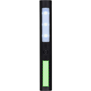 A portable black torch featuring three white LED lights and a green side panel. Includes a power button.