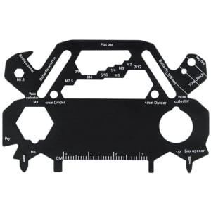 A black multitool featuring various functions including a flat bar, pry tool, box opener, and measurement markings.
