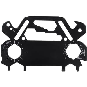 A black multitool featuring various hexagonal openings and indicators, designed for versatile use.