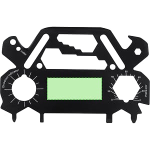 A black multitool featuring various gauges, a bottle opener, and a logo. It includes measuring tools and a cutter.