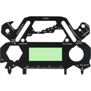 A black multitool featuring various measurement scales, a bottle opener, and multiple wrench sizes.