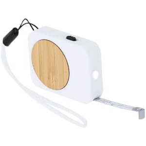 A white tape measure with a bamboo panel, featuring a measuring tape that extends from its body. It includes a keyring attachment.