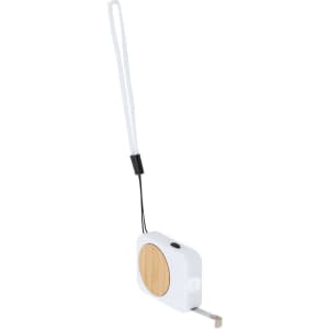 A white tape measure with a wooden detail, featuring a loop for easy carrying, designed for convenient measuring tasks.