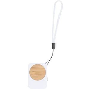 A white tape measure with a bamboo circular section and a wrist strap. It features a logo on the body.