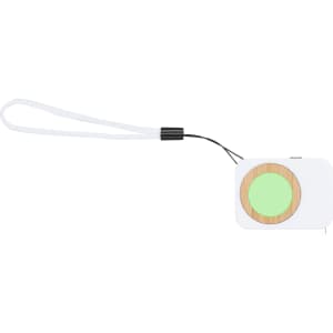 A white tape measure with a wood-like circular end and a looped attachment for easy carrying.