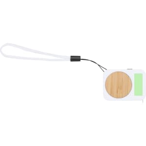 A tape measure with a natural bamboo finish and a white casing, featuring a wrist strap for convenience.