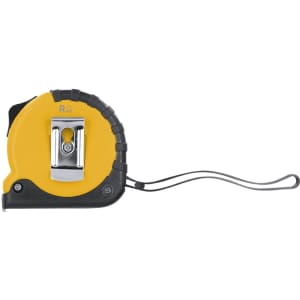 A yellow and black tape measure with a textured grip and a metal clip for easy carrying.