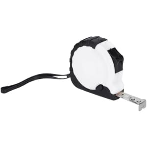 A tape measure in black and white, featuring a retractable design and a measuring tape exposed.