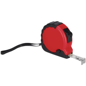A red and black tape measure with a retractable metal tape and a keyring attachment. It features a logo on the body.