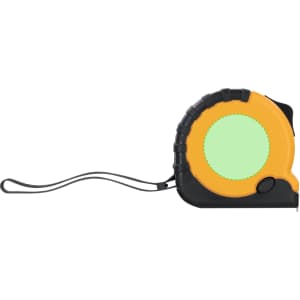 An orange and black Burkex tape measure with a rubber grip and a loop attachment. It features a logo on the casing.
