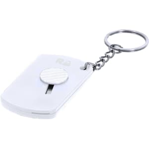 A white keyring with a small slider mechanism attached to a metal keychain. It features a logo on the surface.