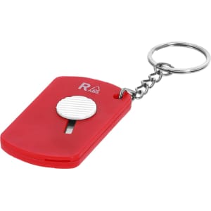 A red keyring with a circular slider mechanism and a metal keychain. It has a branding logo on the surface.